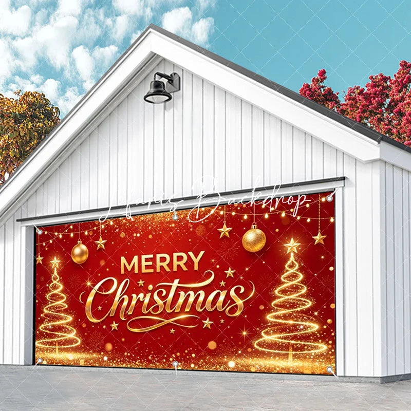 Lofaris Red and Gold Merry Christmas Glitter Garage Door Banner Festive Holiday Decor with Stars Ornaments