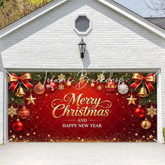 Lofaris Red and Gold Merry Christmas Happy New Year Garage Door Banner Festive Holiday Ornaments Pine Branches Decor