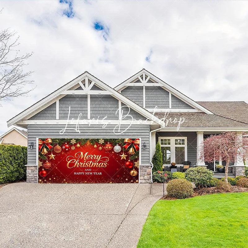 Lofaris Red and Gold Merry Christmas Happy New Year Garage Door Banner Festive Holiday Ornaments Pine Branches Decor