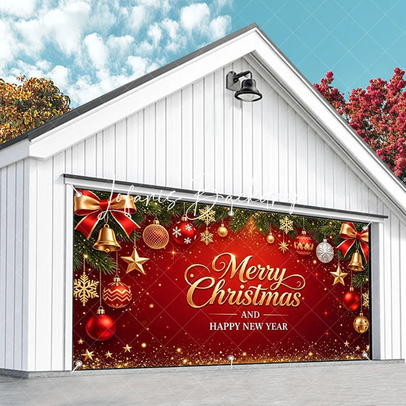 Lofaris Red and Gold Merry Christmas Happy New Year Garage Door Banner Festive Holiday Ornaments Pine Branches Decor