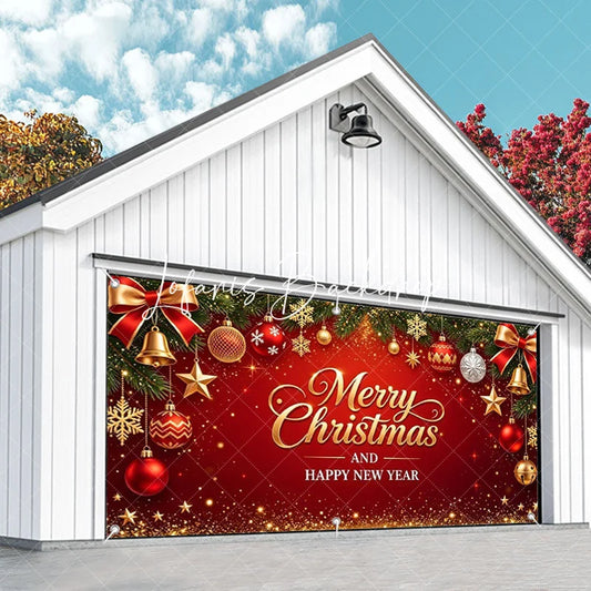 Lofaris Red and Gold Merry Christmas Happy New Year Garage Door Banner Festive Holiday Ornaments Pine Branches Decor
