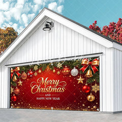 Lofaris Red and Gold Merry Christmas Happy New Year Garage Door Banner Festive Holiday Ornaments Pine Branches Decor