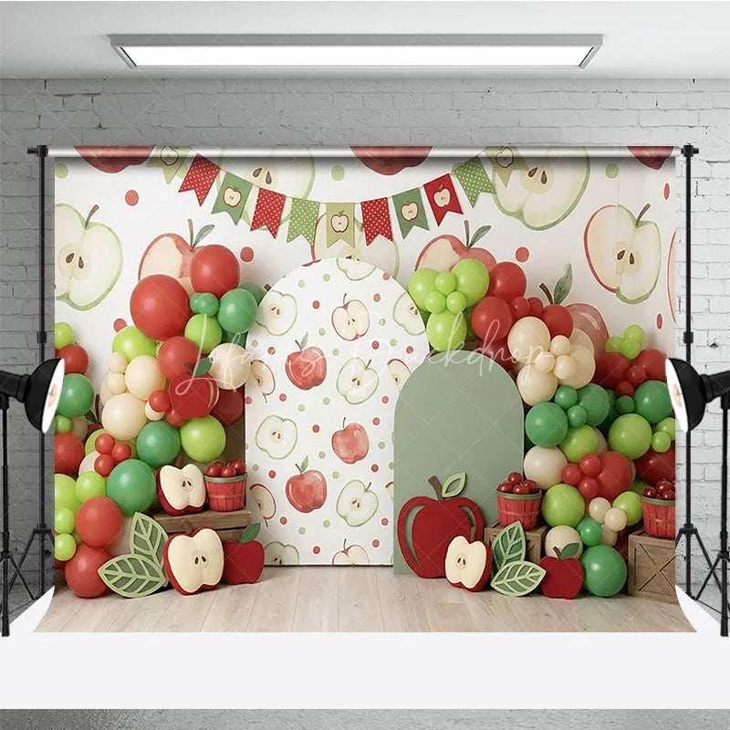 Lofaris Red and Green Apple Theme Photography Backdrop with Balloon Garland Arch Cutouts for Birthday Party