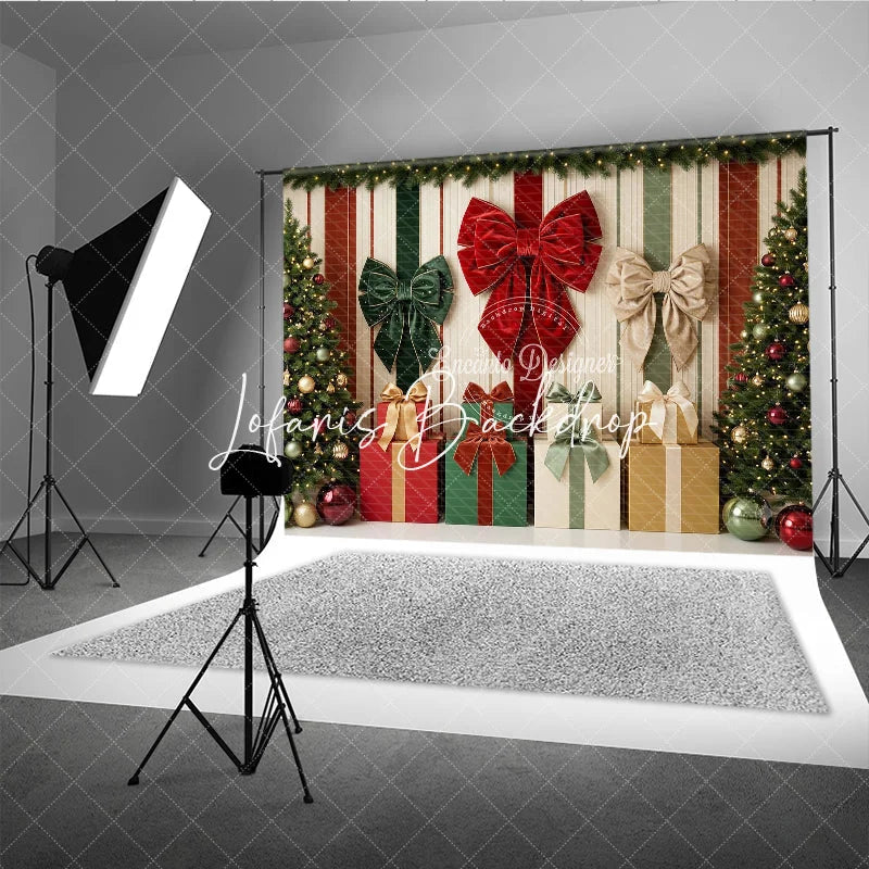 Lofaris Red and Green Christmas Trees with Gifts Velvet Bows Holiday Backdrop Festive Striped Background Decor