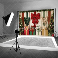 Lofaris Red and Green Christmas Trees with Gifts Velvet Bows Holiday Backdrop Festive Striped Background Decor