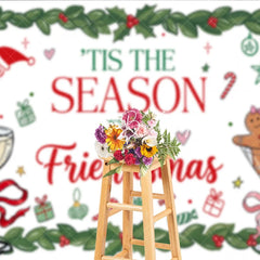 Lofaris Red and Green Holly Friendsmas Holiday Backdrop with Gingerbread Man Champagne Glasses Festive Party Decor.