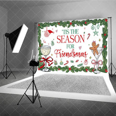 Lofaris Red and Green Holly Friendsmas Holiday Backdrop with Gingerbread Man Champagne Glasses Festive Party Decor.