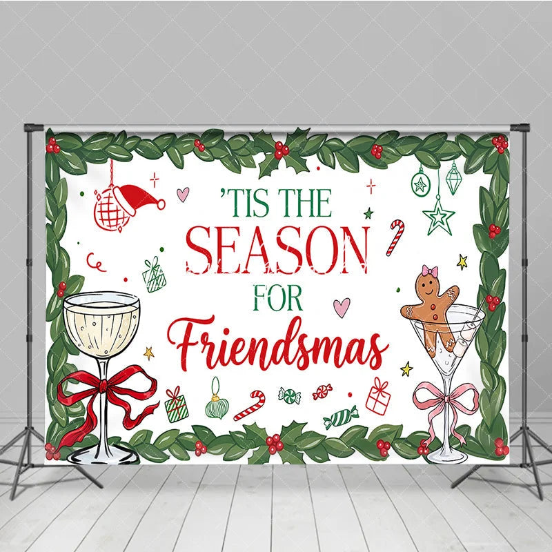 Lofaris Red and Green Holly Friendsmas Holiday Backdrop with Gingerbread Man Champagne Glasses Festive Party Decor.