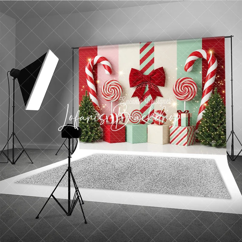 Lofaris Red and Mint Green Candy Land Holiday Backdrop with Festive Christmas Trees Lollipops Gift Boxes