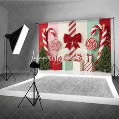 Lofaris Red and Mint Green Candy Land Holiday Backdrop with Festive Christmas Trees Lollipops Gift Boxes