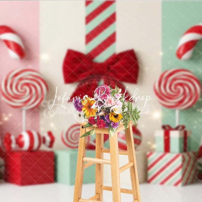 Lofaris Red and Mint Green Candy Land Holiday Backdrop with Festive Christmas Trees Lollipops Gift Boxes