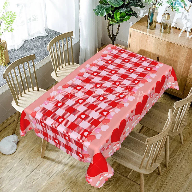 Lofaris Red and Pink Gingham Heart Rectangle Tablecloth Love Letter Envelope Plaid Valentine Picnic Party Decor
