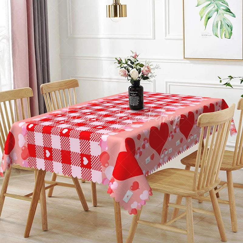 Lofaris Red and Pink Gingham Heart Rectangle Tablecloth Love Letter Envelope Plaid Valentine Picnic Party Decor
