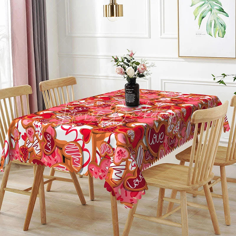 Lofaris Red and Pink Love Heart Cookie Rectangle Tablecloth Sweet Cursive Text Pattern Romantic Valentine Dining Decor