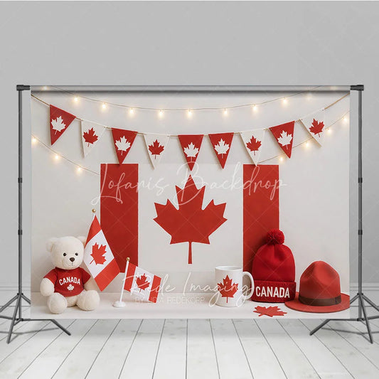 Lofaris Red and White Canadian Flag Photography Backdrop with Maple Leaf Bunting Festive National Day Celebration Decor