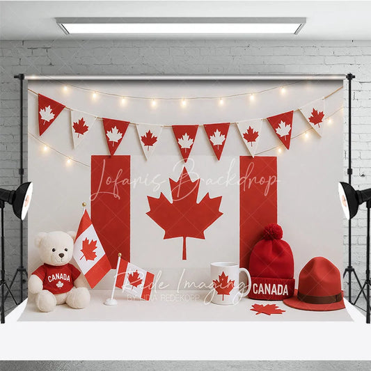 Lofaris Red and White Canadian Flag Photography Backdrop with Maple Leaf Bunting Festive National Day Celebration Decor