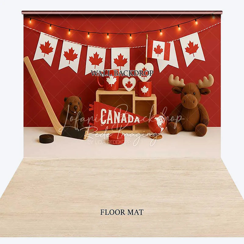 Lofaris Red and White Canadian Maple Leaf Combo Set Backdrop Featuring Beaver Moose Hockey Canada Pennant