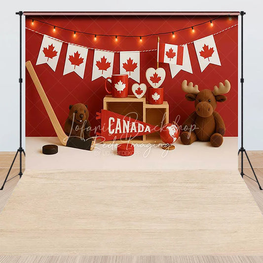 Lofaris Red and White Canadian Maple Leaf Combo Set Backdrop Featuring Beaver Moose Hockey Canada Pennant