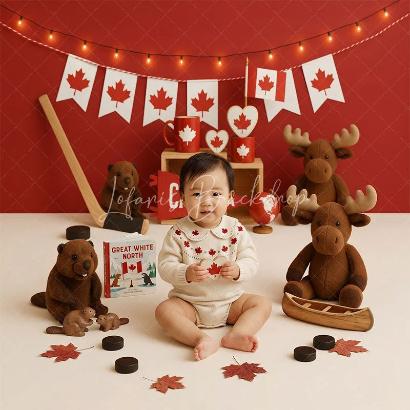 Lofaris Red and White Canadian Maple Leaf Combo Set Backdrop Featuring Beaver Moose Hockey Canada Pennant