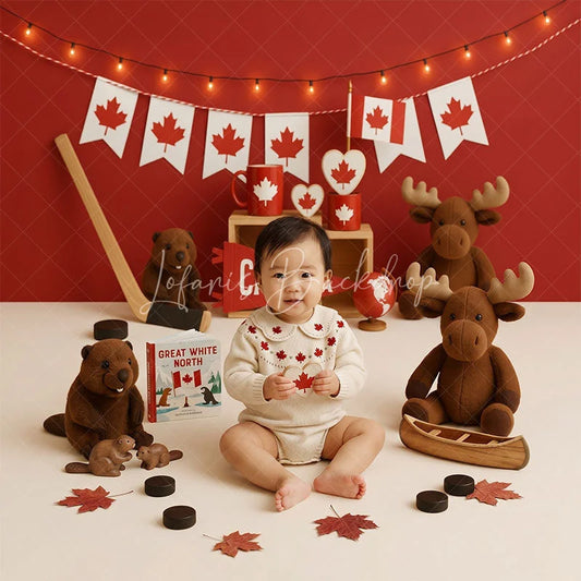 Lofaris Red and White Canadian Maple Leaf Combo Set Backdrop Featuring Beaver Moose Hockey Canada Pennant