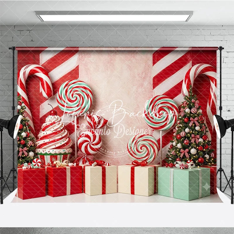 Lofaris Red and White Candy Cane Christmas Tree Holiday Backdrop Sweet Lollipop Gift Box Party Decor