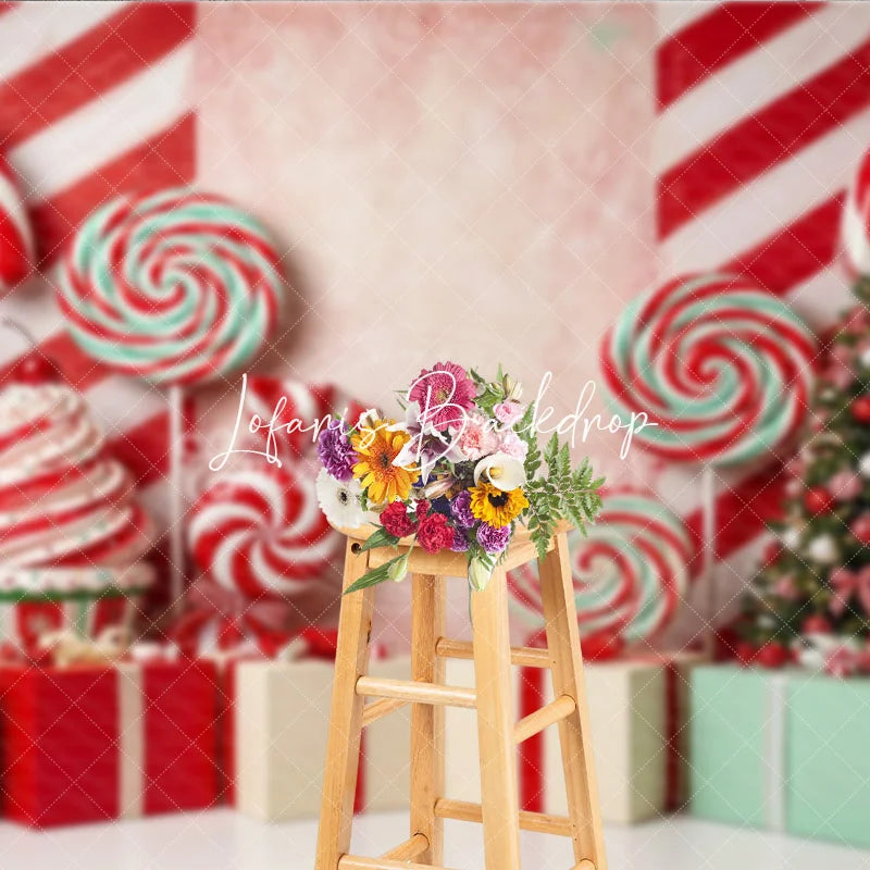 Lofaris Red and White Candy Cane Christmas Tree Holiday Backdrop Sweet Lollipop Gift Box Party Decor