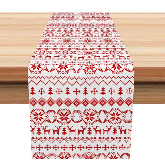 Lofaris Red and White Christmas Fair Isle Table Runner Nordic Snowflake Reindeer Holiday Dining Decor