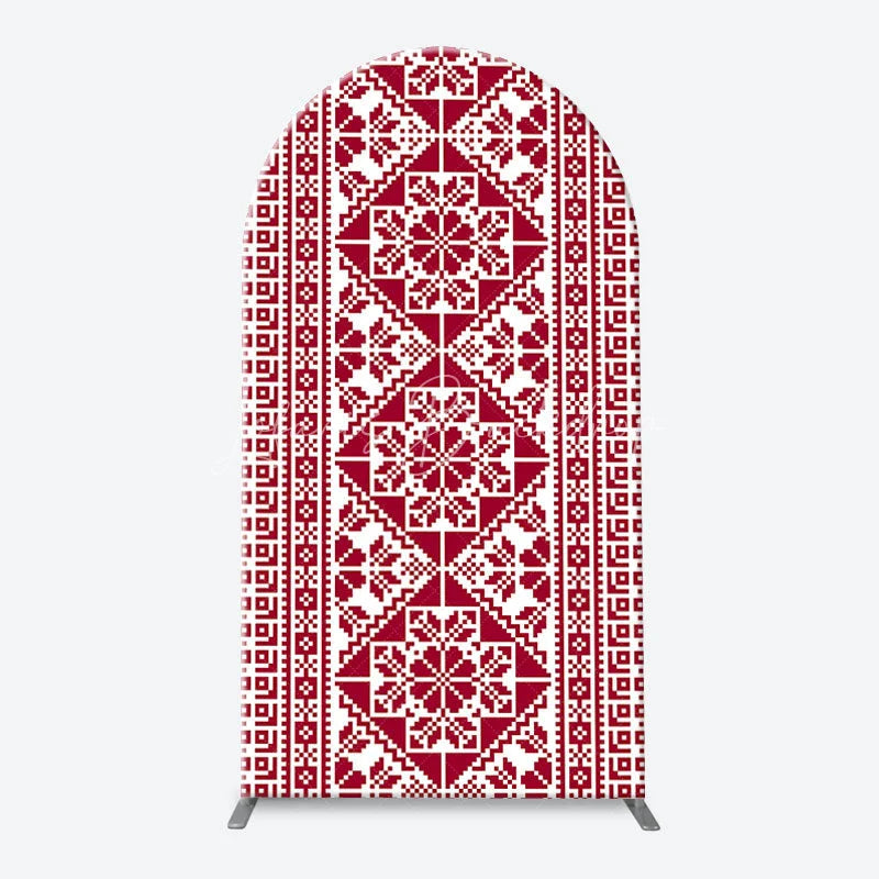 Lofaris Red and White Folk Art Geometric Pattern Arch Backdrop Kit Traditional Pixelated Design for Holiday Events