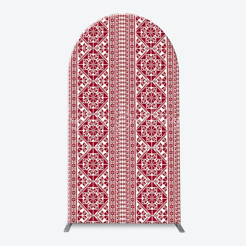 Lofaris Red and White Folk Art Geometric Pattern Arch Backdrop Kit Traditional Pixelated Design for Holiday Events