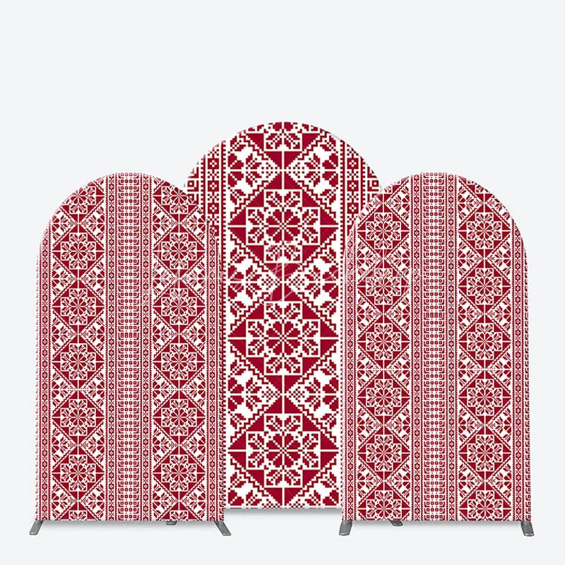 Lofaris Red and White Folk Art Geometric Pattern Arch Backdrop Kit Traditional Pixelated Design for Holiday Events