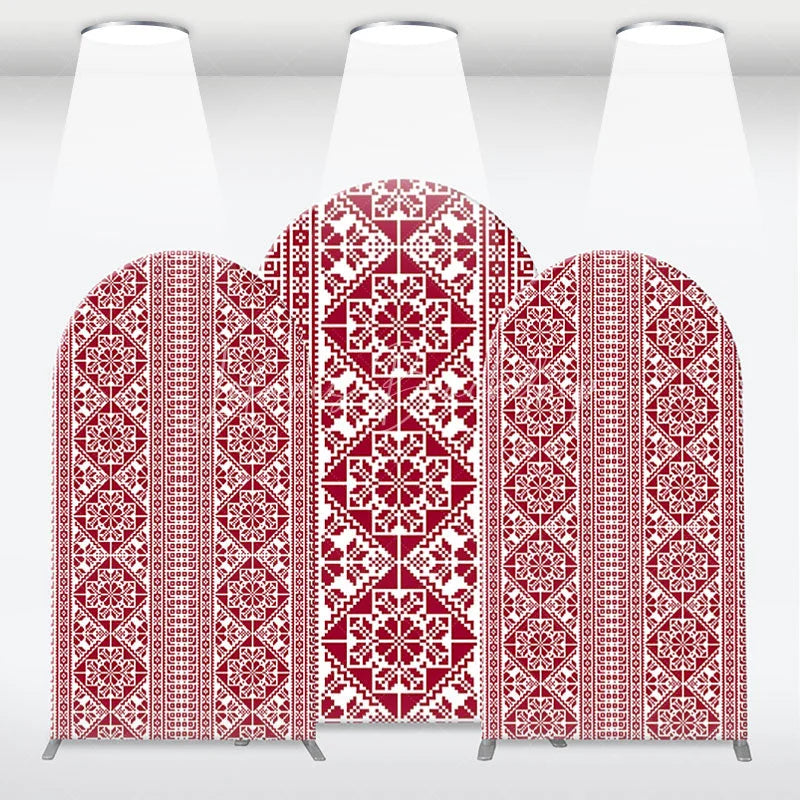 Lofaris Red and White Folk Art Geometric Pattern Arch Backdrop Kit Traditional Pixelated Design for Holiday Events