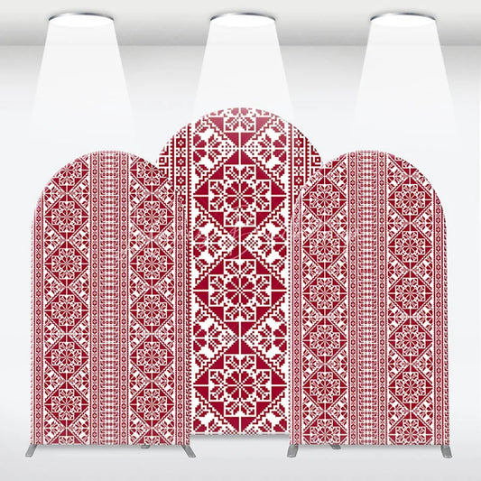 Lofaris Red and White Folk Art Geometric Pattern Arch Backdrop Kit Traditional Pixelated Design for Holiday Events