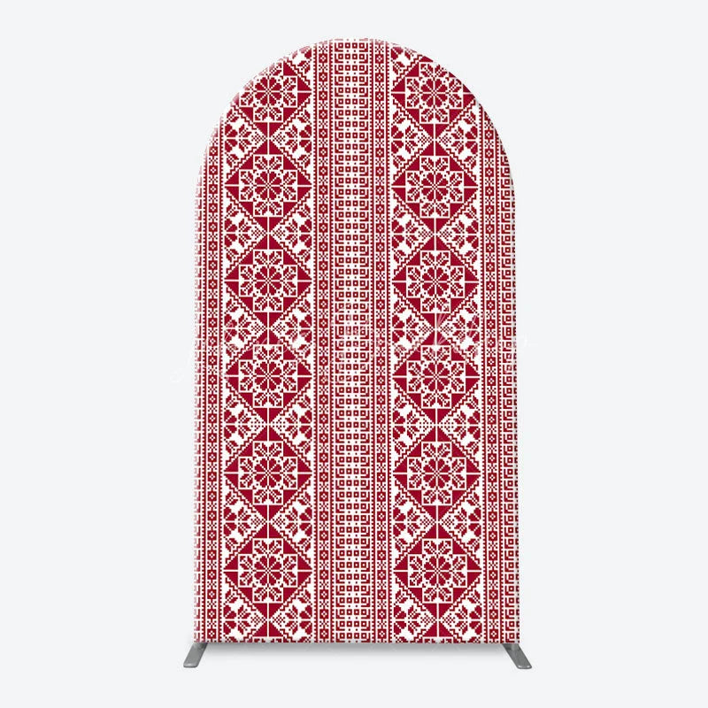 Lofaris Red and White Folk Art Geometric Pattern Arch Backdrop Kit Traditional Pixelated Design for Holiday Events