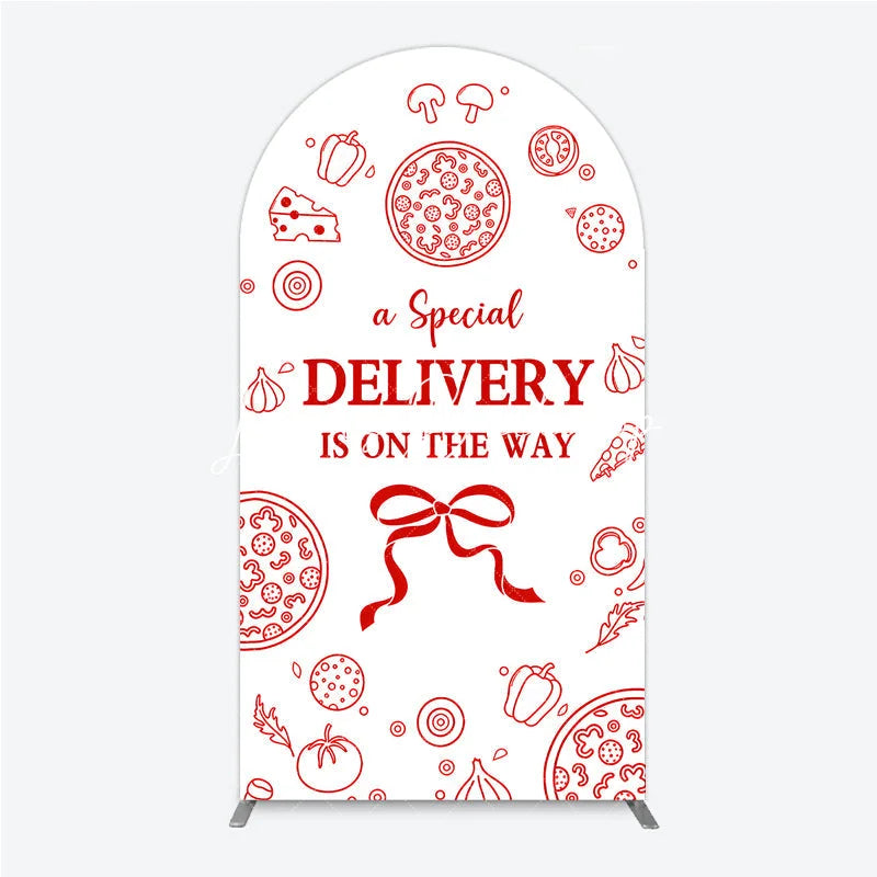 Lofaris Red and White Pizza Delivery Round Top Arch Backdrop Fun Baby Shower Birthday Party Decor.