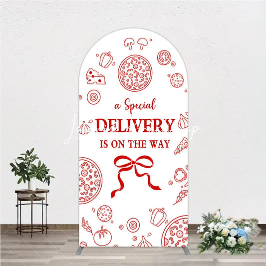 Lofaris Red and White Pizza Delivery Round Top Arch Backdrop Fun Baby Shower Birthday Party Decor.