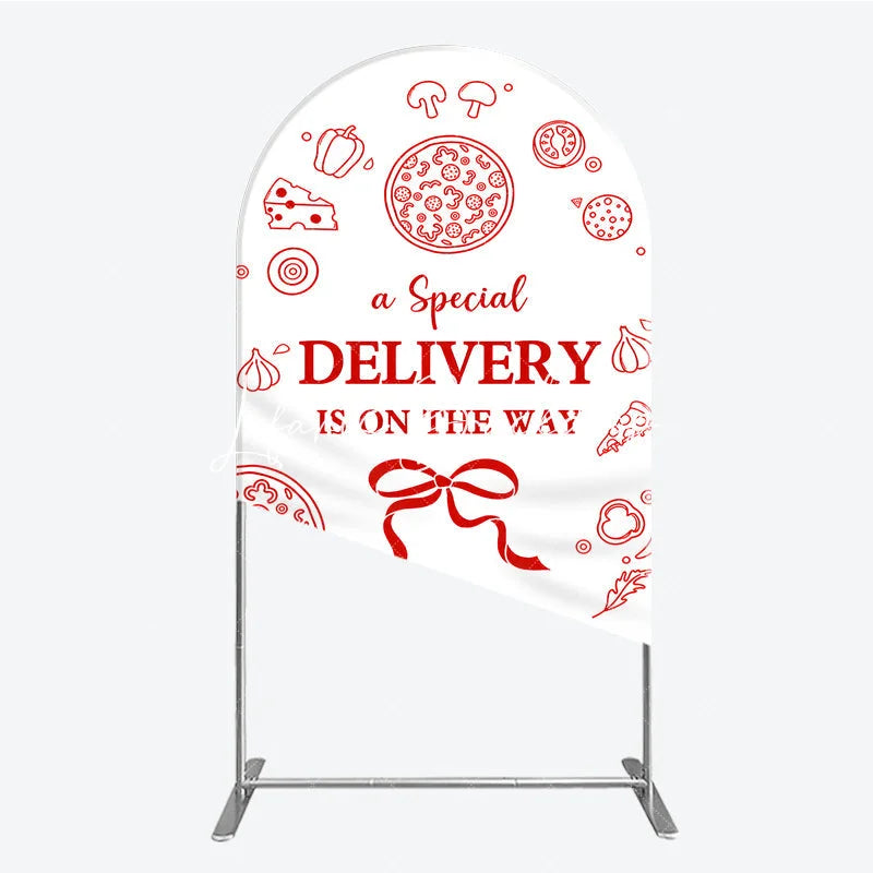 Lofaris Red and White Pizza Delivery Round Top Arch Backdrop Fun Baby Shower Birthday Party Decor.