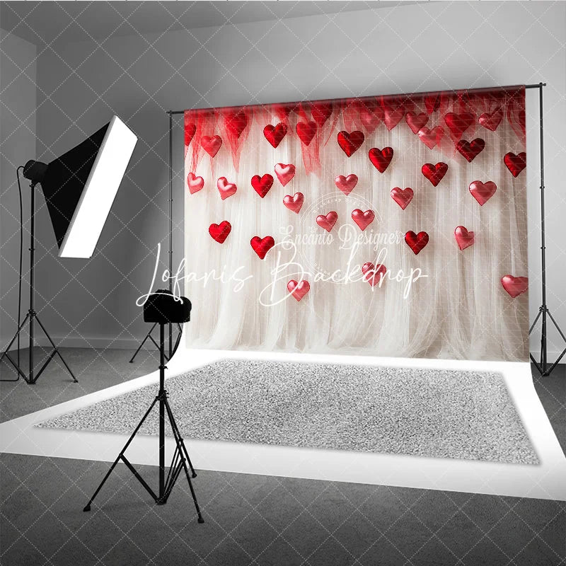 Lofaris Red and White Sheer Fabric Floating Hearts Photography Backdrop Dreamy Romantic Valentine’s Day Decor