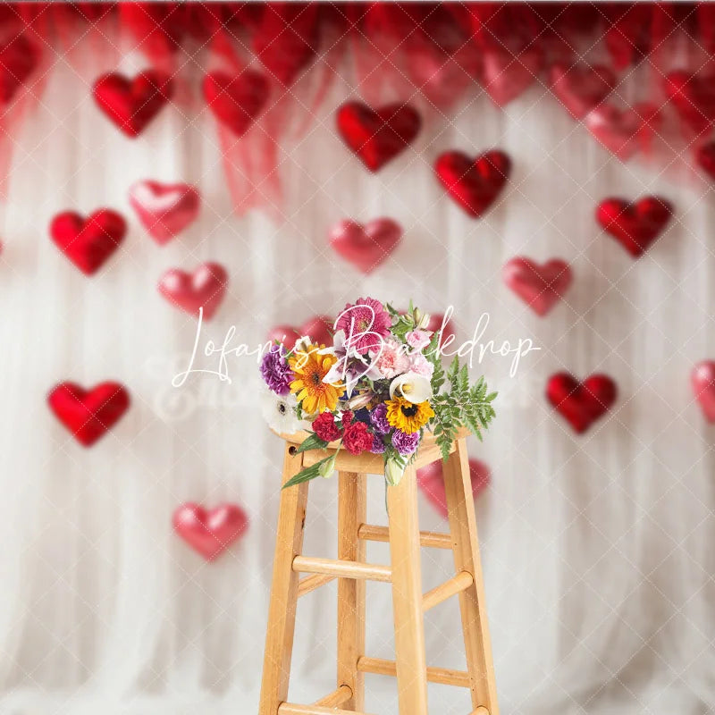 Lofaris Red and White Sheer Fabric Floating Hearts Photography Backdrop Dreamy Romantic Valentine’s Day Decor