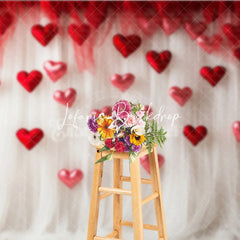Lofaris Red and White Sheer Fabric Floating Hearts Photography Backdrop Dreamy Romantic Valentine’s Day Decor