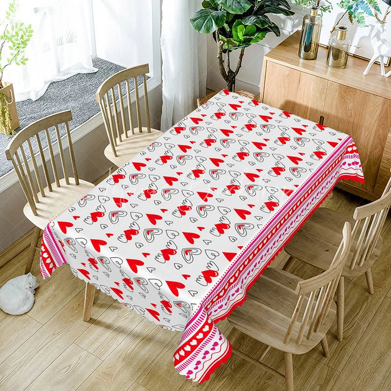 Lofaris Red and White Sketch Heart Rectangle Tablecloth Cute Love Doodle Border Romantic Valentine Kitchen Decor