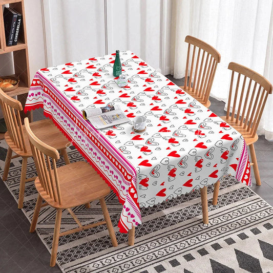 Lofaris Red and White Sketch Heart Rectangle Tablecloth Cute Love Doodle Border Romantic Valentine Kitchen Decor