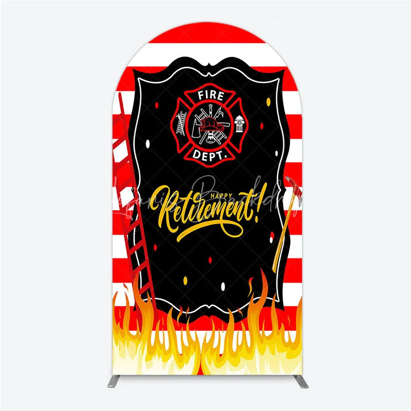 Lofaris Red and White Striped Fire Rescue Happy Retirement Arch Backdrop Heroic Celebration Party Decor with Flames