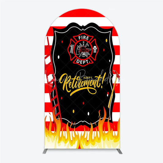 Lofaris Red and White Striped Fire Rescue Happy Retirement Arch Backdrop Heroic Celebration Party Decor with Flames