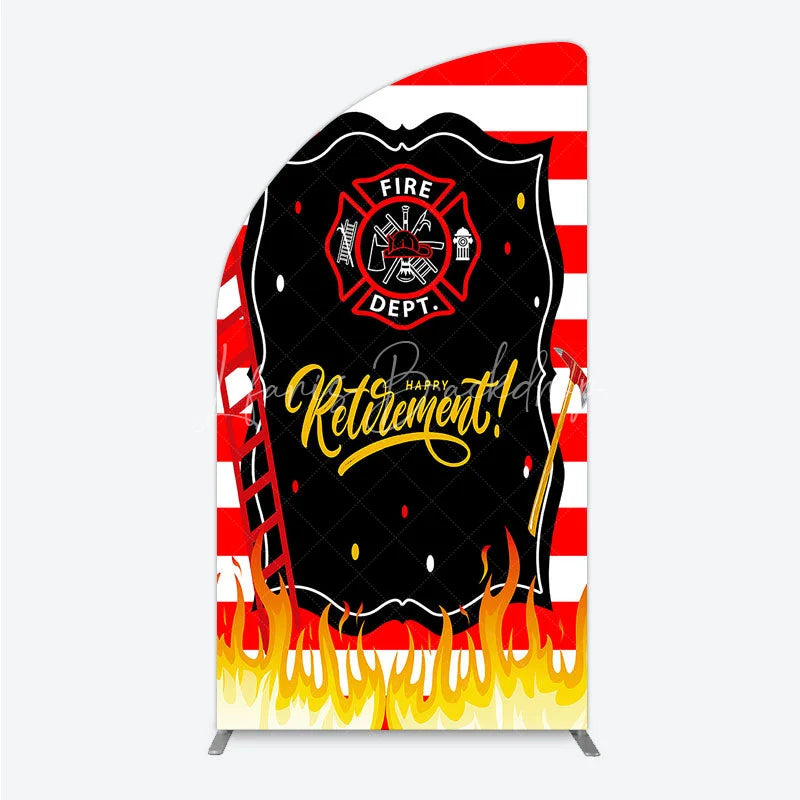 Lofaris Red and White Striped Fire Rescue Happy Retirement Half Moon Arch Backdrop Heroic Celebration Party Decor with Flames
