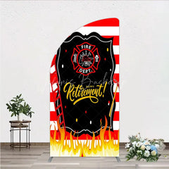 Lofaris Red and White Striped Fire Rescue Happy Retirement Half Moon Arch Backdrop Heroic Celebration Party Decor with Flames