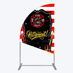 Lofaris Red and White Striped Fire Rescue Happy Retirement Half Moon Arch Backdrop Heroic Celebration Party Decor with Flames
