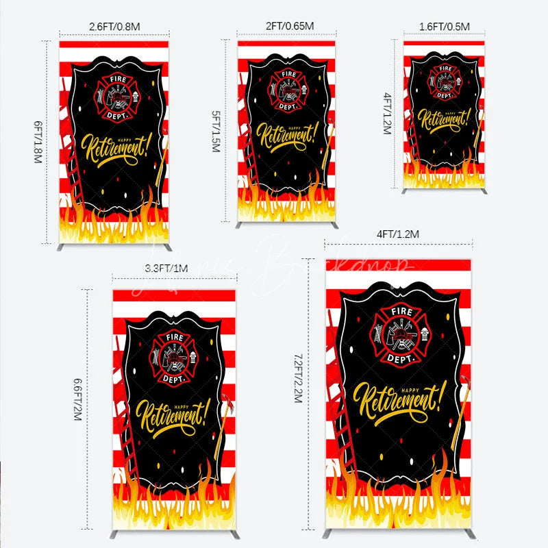 Lofaris Red and White Striped Fire Rescue Happy Retirement Rectangle Backdrop Heroic Celebration Party Decor with Flames