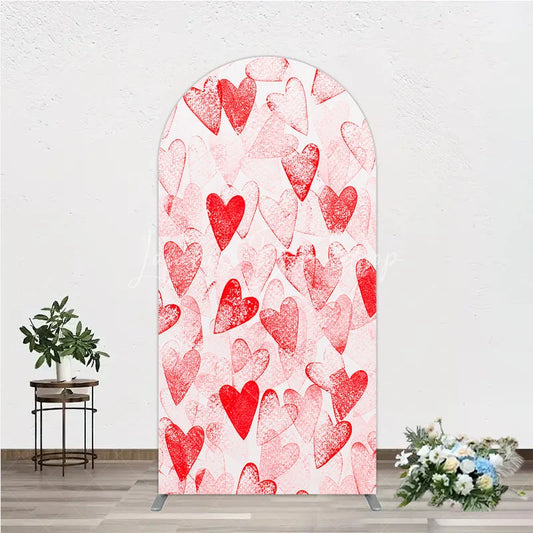 Lofaris Red and White Textured Hearts Pattern Round Top Arch Backdrop Perfect for Romantic Love Theme Parties