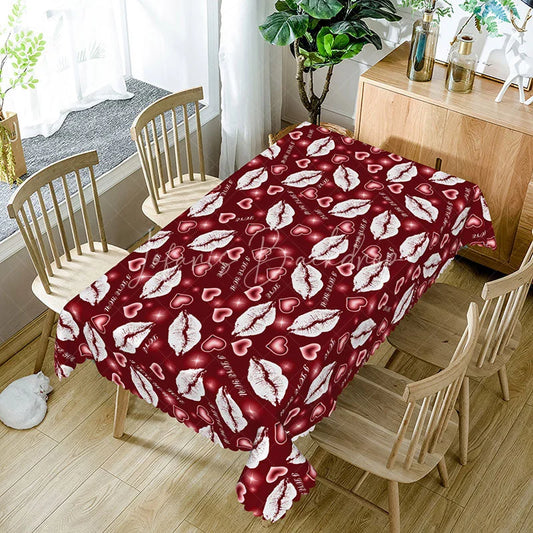 Lofaris Red Background White Kiss Lip Rectangle Tablecloth I Love You Text Print Romantic Valentine Dining Decor
