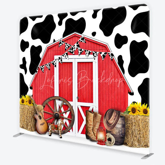 Lofaris Red Barn and Cow Print Square Double-Sided Backdrop Rustic Farm Western Party Decor